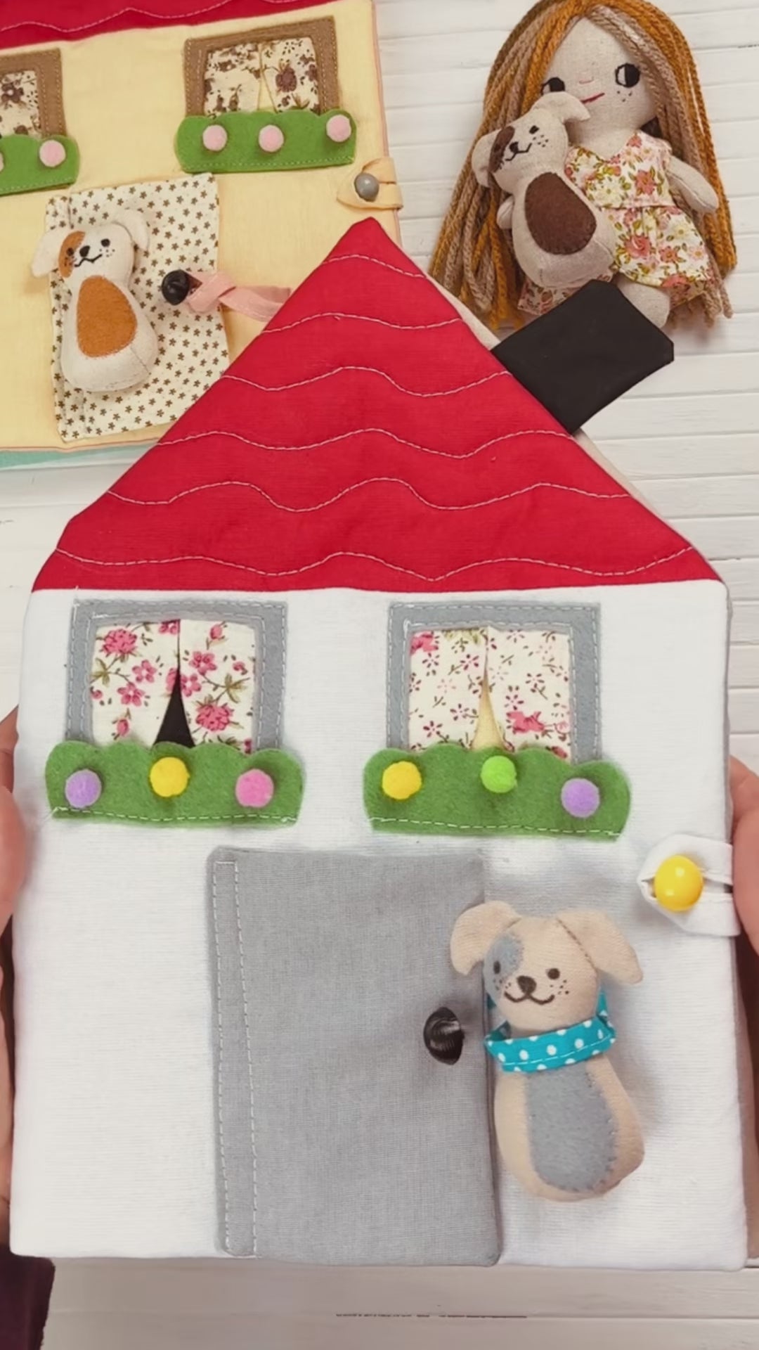 Cozy Dollhouse PDF sewing pattern – beginner-friendly fabric dollhouse tutorial with step-by-step photos and videos. Easy DIY sewing project for 5.5–6" mini dolls. Perfect handmade gift, nursery décor, or travel toy idea.